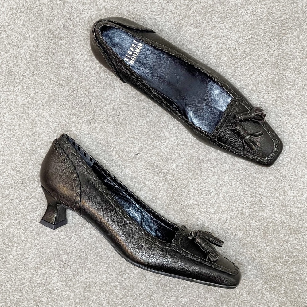 Stuart Weitzman Bronze Tassel Loafer Kitten Heel